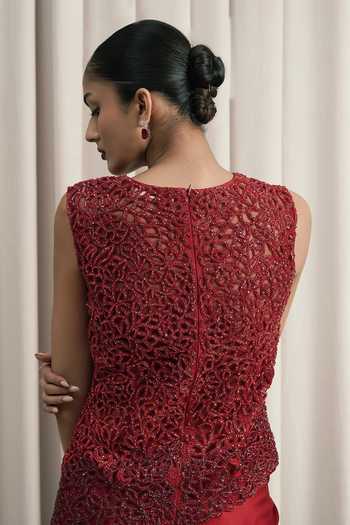 Shop Istya Red Organza, Satin V-neck Stone Embellished Top Skirt Set Online at Aza Fashions Shop_Istya_Red Organza, Satin V-neck Stone Embellished Top Skirt Set _Online_at_Aza_Fashions