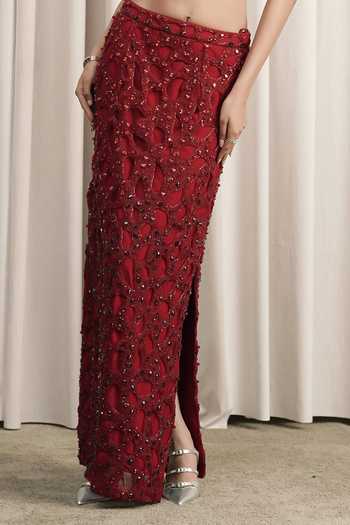 Istya Red Organza, Net Halter Neck Embroidered Top With Skirt Online at Aza Fashions Istya_Red Organza, Net Halter Neck Embroidered Top With Skirt _Online_at_Aza_Fashions