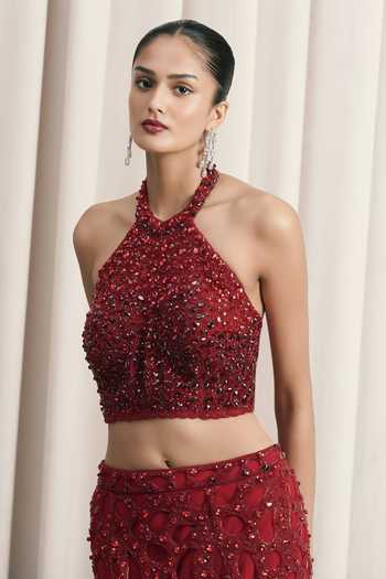 Buy Istya Red Organza, Net Halter Neck Embroidered Top With Skirt Online at Aza Fashions Buy_Istya_Red Organza, Net Halter Neck Embroidered Top With Skirt _Online_at_Aza_Fashions