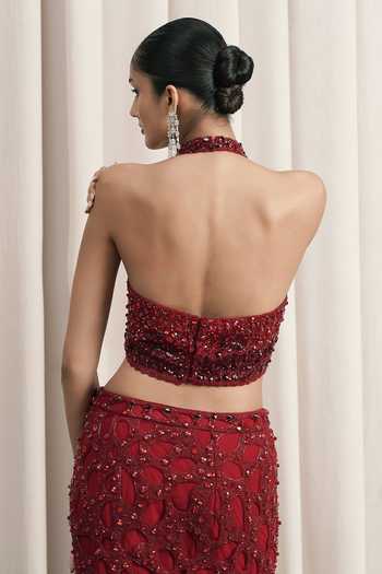 Shop Istya Red Organza, Net Halter Neck Embroidered Top With Skirt Online at Aza Fashions Shop_Istya_Red Organza, Net Halter Neck Embroidered Top With Skirt _Online_at_Aza_Fashions