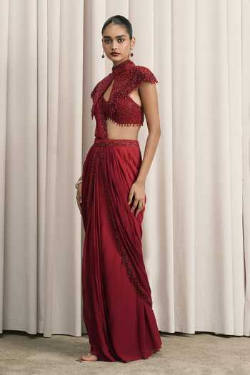 Istya_Red Organza, Georgette High Neck Shaded Pre-draped Saree Set With Cape _Online_at_Aza_Fashions