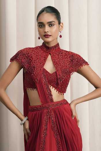 Buy_Istya_Red Organza, Georgette High Neck Shaded Pre-draped Saree Set With Cape _Online_at_Aza_Fashions