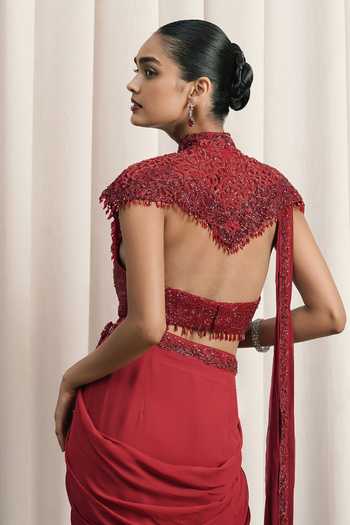 Shop_Istya_Red Organza, Georgette High Neck Shaded Pre-draped Saree Set With Cape _Online_at_Aza_Fashions