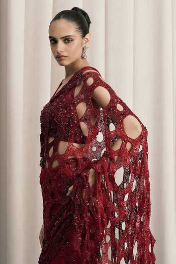 Istya_Red Organza, Net Halter Neck Cutwork Embellished Saree With Blouse _Online_at_Aza_Fashions