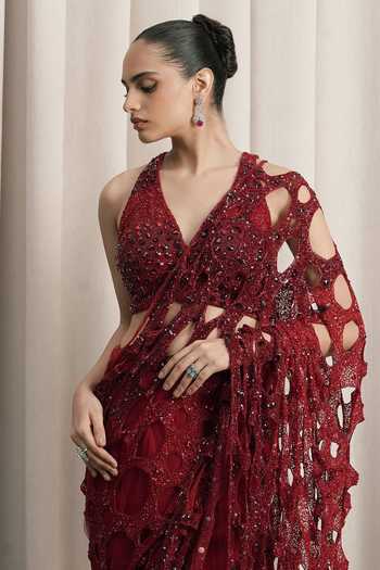 Shop_Istya_Red Organza, Net Halter Neck Cutwork Embellished Saree With Blouse _Online_at_Aza_Fashions