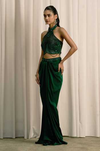 Buy Istya Emerald Green Organza, Satin Halter Neck Embellished Bustier And Skirt Set Online at Aza Fashions Buy_Istya_Emerald Green Organza, Satin Halter Neck Embellished Bustier And Skirt Set _Online_at_Aza_Fashions