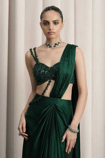 Istya_Emerald Green Organza, Satin One Pre-draped Saree With Embellished Blouse _Online_at_Aza_Fashions