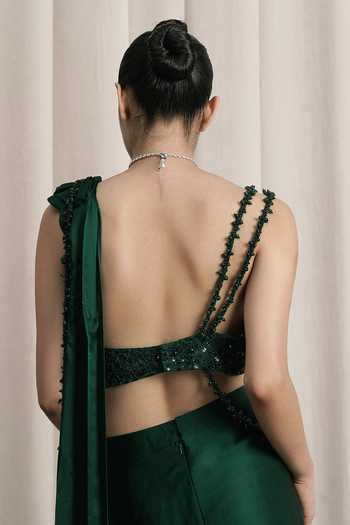 Buy_Istya_Emerald Green Organza, Satin One Pre-draped Saree With Embellished Blouse _Online_at_Aza_Fashions