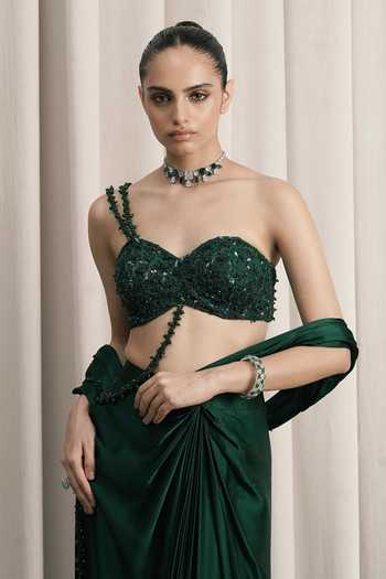 Istya_Emerald Green Organza, Satin One Pre-draped Saree With Embellished Blouse _at_Aza_Fashions