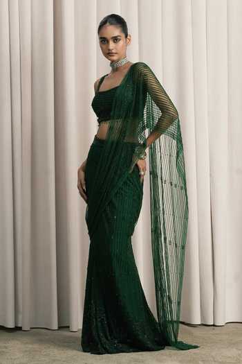 Buy_Istya_Emerald Green Net Square Neck Embroidered Pre-draped Saree With Blouse _Online_at_Aza_Fashions