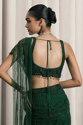 Istya_Emerald Green Net Square Neck Embroidered Pre-draped Saree With Blouse _at_Aza_Fashions