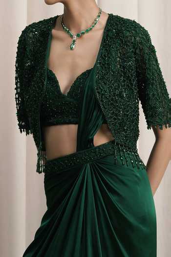 Buy_Istya_Emerald Green Satin, Net Open Neck, Pre-draped Saree Set With Embroidered Jacket _Online_at_Aza_Fashions