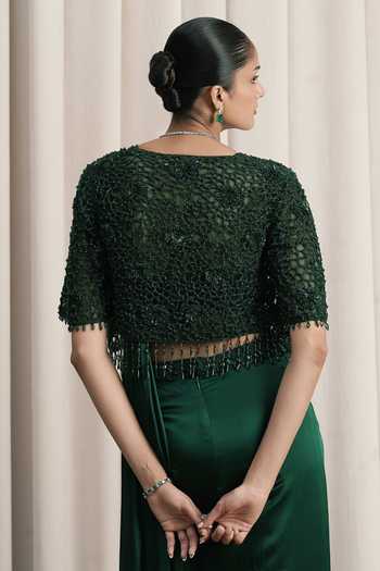 Shop_Istya_Emerald Green Satin, Net Open Neck, Pre-draped Saree Set With Embroidered Jacket _Online_at_Aza_Fashions