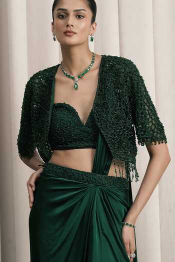 Istya_Emerald Green Satin, Net Open Neck, Pre-draped Saree Set With Embroidered Jacket _at_Aza_Fashions