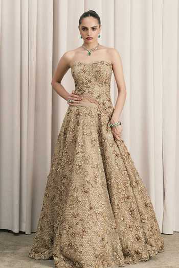 Buy_Istya_Beige Net Sweetheart Neck Embroidered Lehenga Set _Online_at_Aza_Fashions