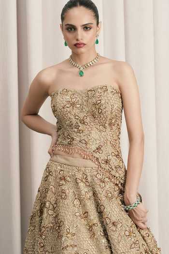 Shop_Istya_Beige Net Sweetheart Neck Embroidered Lehenga Set _Online_at_Aza_Fashions