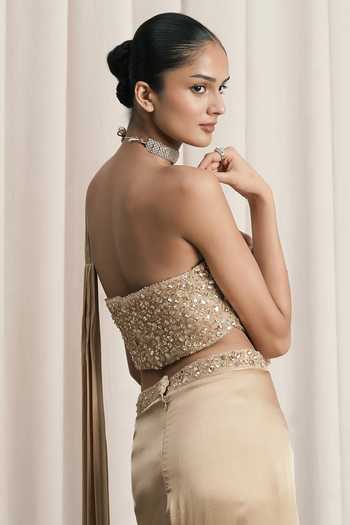 Istya Beige Organza, Satin Stones, Crystals Embroidered Pre-draped Saree With Corset Online at Aza Fashions Istya_Beige Organza, Satin Stones, Crystals Embroidered Pre-draped Saree With Corset _Online_at_Aza_Fashions