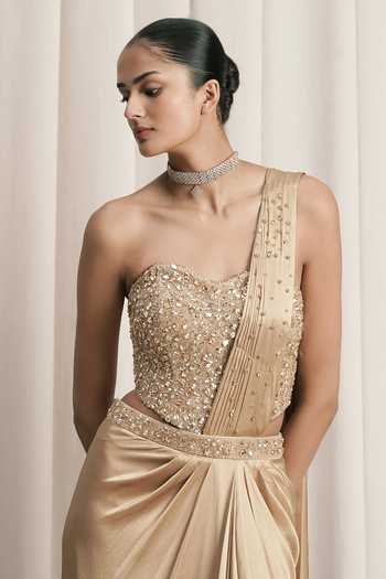 Buy Istya Beige Organza, Satin Stones, Crystals Embroidered Pre-draped Saree With Corset Online at Aza Fashions Buy_Istya_Beige Organza, Satin Stones, Crystals Embroidered Pre-draped Saree With Corset _Online_at_Aza_Fashions