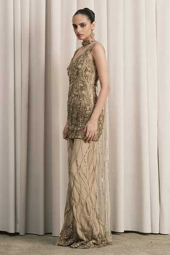 Istya_Beige Net V-neck Embellished Top Sharara Set _Online_at_Aza_Fashions