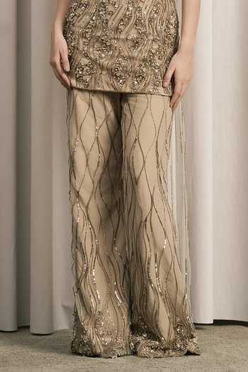 Buy_Istya_Beige Net V-neck Embellished Top Sharara Set _Online_at_Aza_Fashions