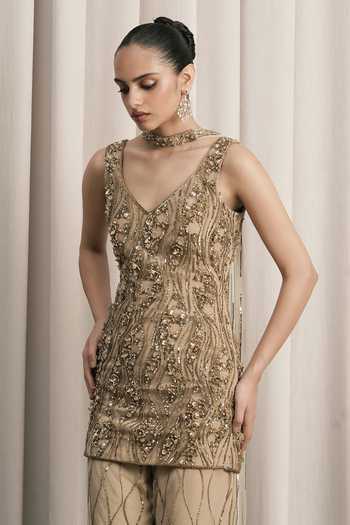 Shop_Istya_Beige Net V-neck Embellished Top Sharara Set _Online_at_Aza_Fashions
