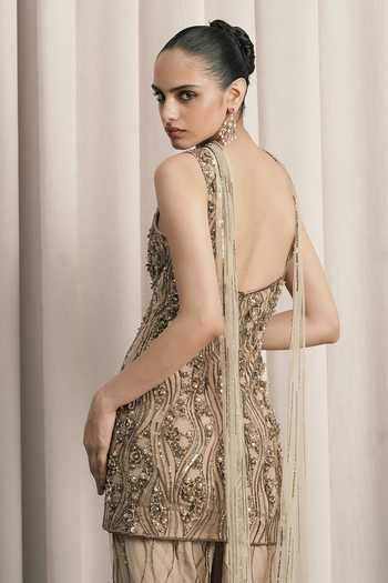Istya_Beige Net V-neck Embellished Top Sharara Set _at_Aza_Fashions