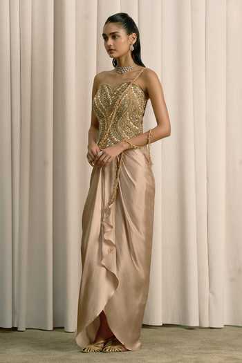 Istya Beige Organza, Satin Sequins, Beads, Stones Embellished Corset And Skirt Set Online at Aza Fashions Istya_Beige Organza, Satin Sequins, Beads, Stones Embellished Corset And Skirt Set _Online_at_Aza_Fashions