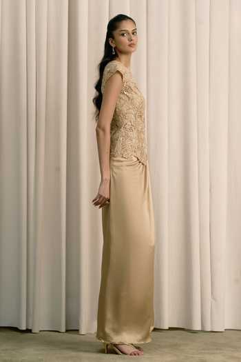 Buy Istya Beige Organza, Satin Round Neck Cutwork Embroidered Top And Skirt Set Online at Aza Fashions Buy_Istya_Beige Organza, Satin Round Neck Cutwork Embroidered Top And Skirt Set _Online_at_Aza_Fashions