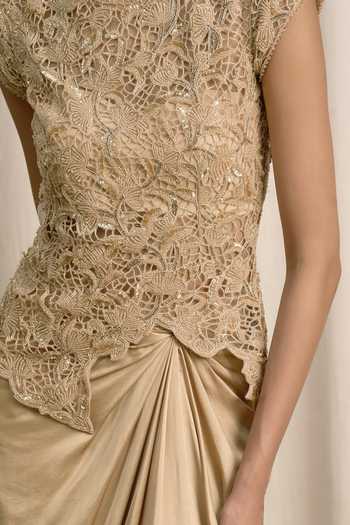 Shop Istya Beige Organza, Satin Round Neck Cutwork Embroidered Top And Skirt Set Online at Aza Fashions Shop_Istya_Beige Organza, Satin Round Neck Cutwork Embroidered Top And Skirt Set _Online_at_Aza_Fashions