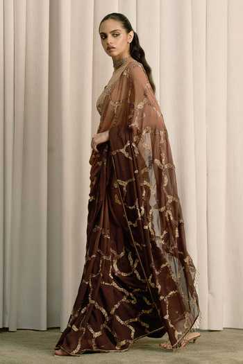 Istya Brown Georgette Square Neck Shaded Embroidered Saree With Blouse Online at Aza Fashions Istya_Brown Georgette Square Neck Shaded Embroidered Saree With Blouse _Online_at_Aza_Fashions