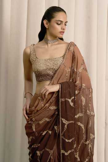 Buy Istya Brown Georgette Square Neck Shaded Embroidered Saree With Blouse Online at Aza Fashions Buy_Istya_Brown Georgette Square Neck Shaded Embroidered Saree With Blouse _Online_at_Aza_Fashions