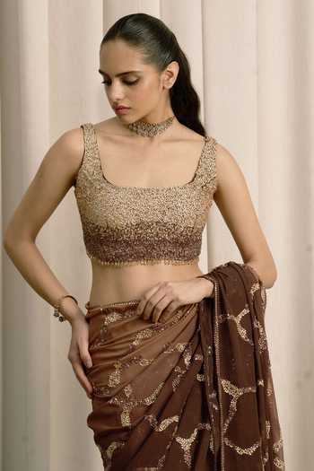 Shop Istya Brown Georgette Square Neck Shaded Embroidered Saree With Blouse Online at Aza Fashions Shop_Istya_Brown Georgette Square Neck Shaded Embroidered Saree With Blouse _Online_at_Aza_Fashions