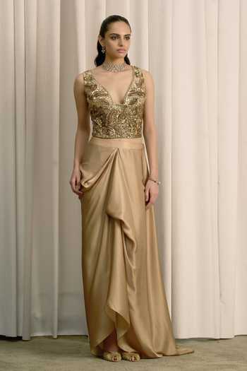 Buy Istya Gold Organza, Satin Plunge Neck Hand Embroidered Top And Skirt Set Online at Aza Fashions Buy_Istya_Gold Organza, Satin Plunge Neck Hand Embroidered Top And Skirt Set _Online_at_Aza_Fashions