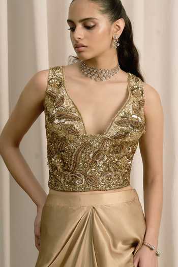 Shop Istya Gold Organza, Satin Plunge Neck Hand Embroidered Top And Skirt Set Online at Aza Fashions Shop_Istya_Gold Organza, Satin Plunge Neck Hand Embroidered Top And Skirt Set _Online_at_Aza_Fashions
