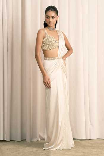 Istya Ivory Organza, Satin Sweetheart Neck Pre-draped Saree With Embellished Blouse Online at Aza Fashions Istya_Ivory Organza, Satin Sweetheart Neck Pre-draped Saree With Embellished Blouse _Online_at_Aza_Fashions