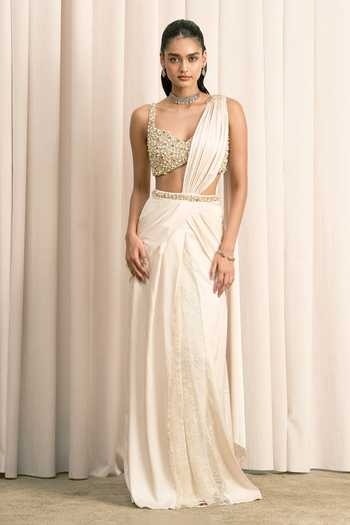 Istya Satin Pre-Draped Saree With Embellished Blouse 