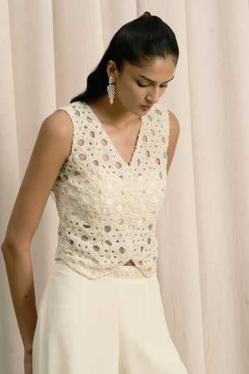 Buy_Istya_Ivory Organza, Georgette V-neck Embroidered Jacket And Pant Set _Online_at_Aza_Fashions