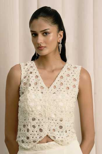 Shop_Istya_Ivory Organza, Georgette V-neck Embroidered Jacket And Pant Set _Online_at_Aza_Fashions