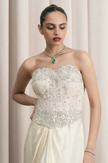 Shop Istya Ivory Satin, Chantilly, Lace Pearls, Stones Embellished Corset And Skirt Set Online at Aza Fashions Shop_Istya_Ivory Satin, Chantilly, Lace Pearls, Stones Embellished Corset And Skirt Set _Online_at_Aza_Fashions