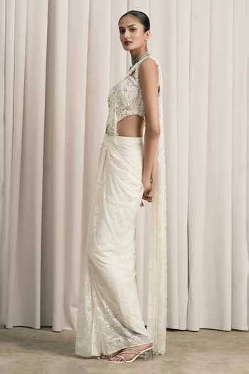 Istya Ivory Chantilly, Lace Beads, Pearls, Stones Work Pre-draped Saree And Corset Set Online at Aza Fashions Istya_Ivory Chantilly, Lace Beads, Pearls, Stones Work Pre-draped Saree And Corset Set _Online_at_Aza_Fashions