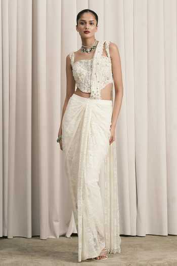 Istya Chantilly Lace Work Pre-Draped Saree & Corset Set 