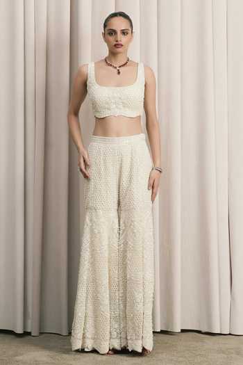 Istya_Ivory Net Square Neck Pearl Embroidered Jacket Sharara Set _Online_at_Aza_Fashions