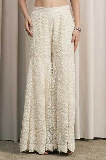 Buy_Istya_Ivory Net Square Neck Pearl Embroidered Jacket Sharara Set _Online_at_Aza_Fashions