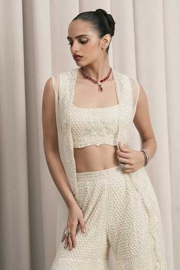 Shop_Istya_Ivory Net Square Neck Pearl Embroidered Jacket Sharara Set _Online_at_Aza_Fashions