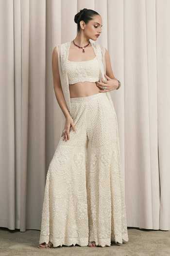 Buy_Istya_Ivory Net Square Neck Pearl Embroidered Jacket Sharara Set 