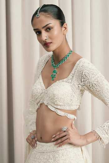 Istya_Ivory Net Sweetheart Neck Embroidered Lehenga Set _Online_at_Aza_Fashions