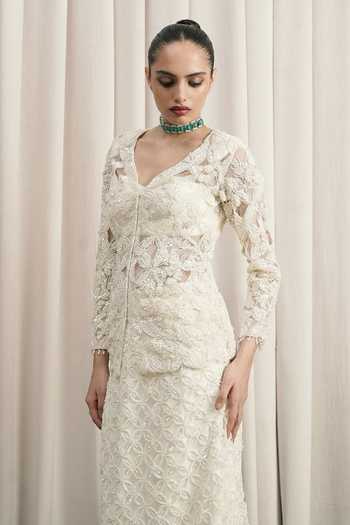 Istya_Ivory Net V-, Sweetheart Embroidered Jacket Skirt Set _Online_at_Aza_Fashions