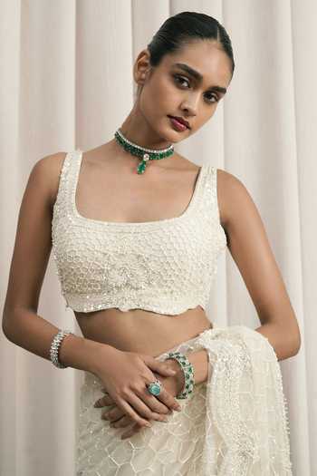 Istya_Ivory Net Scoop Neck Hexagonal Geometric Pattern Saree With Blouse _Online_at_Aza_Fashions
