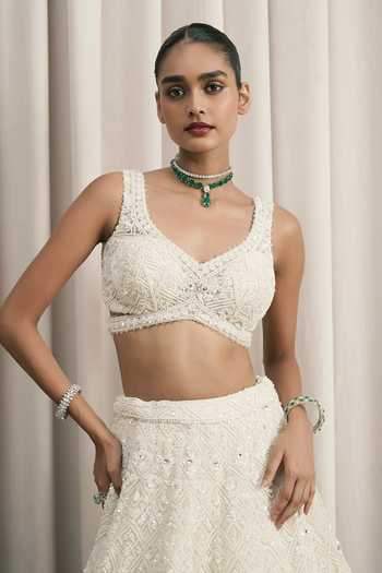 Istya_Ivory Net V-neck Geometric Embroidered Lehenga Set _Online_at_Aza_Fashions