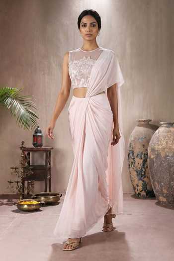Maisolos Pink Net, Georgette Round Neck Pre-draped Saree With Embroidered Blouse Online at Aza Fashions Maisolos_Pink Net, Georgette Round Neck Pre-draped Saree With Embroidered Blouse _Online_at_Aza_Fashions